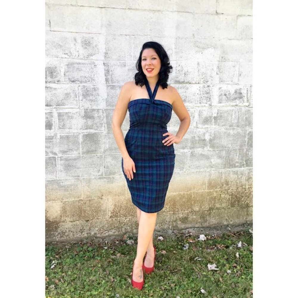 NWT blue plaid pencil dress - convertible halter/strapless, S, M, L, XL, XXL - Picture 4 of 7
